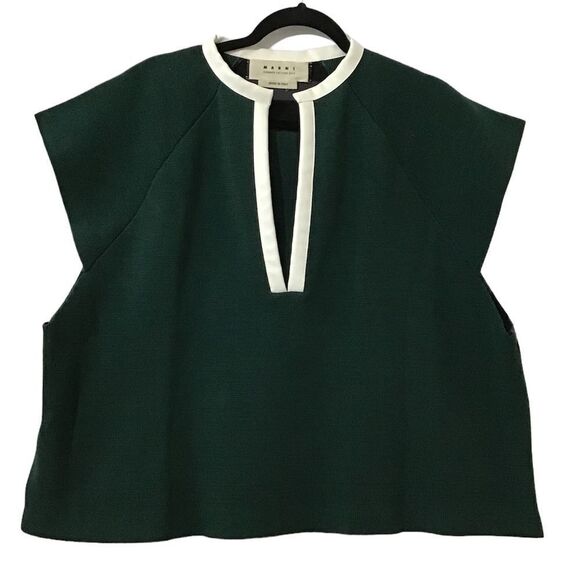 Marni Green V-Neck Faux Leather Trim Sleeveless Top Size 42 - Picture 1 of 13